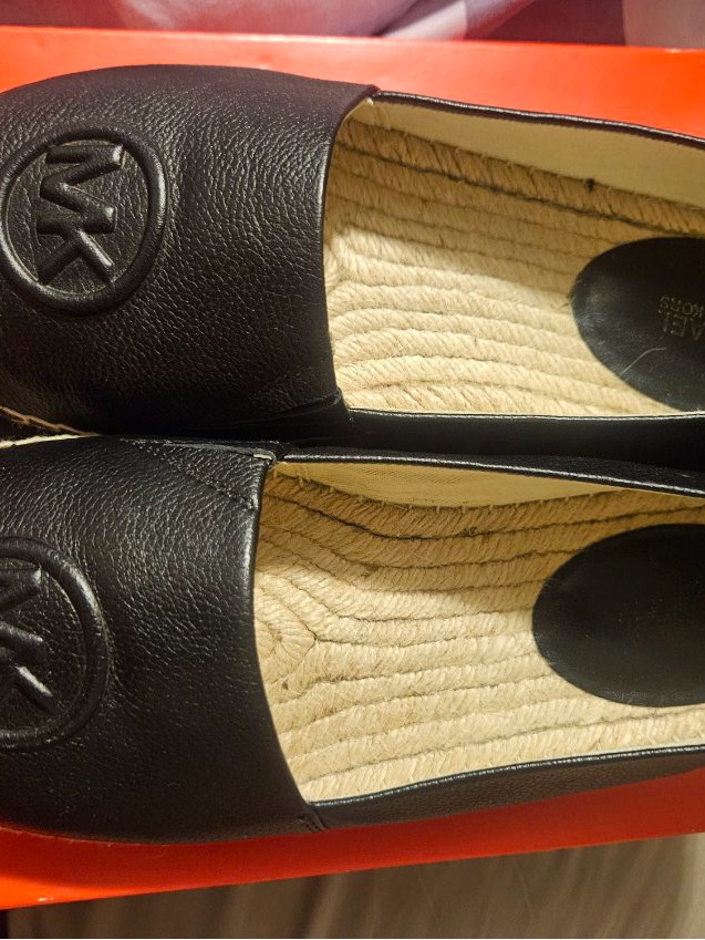 Michael Kors Black Leather Espadrille Flats With Mk Emblem